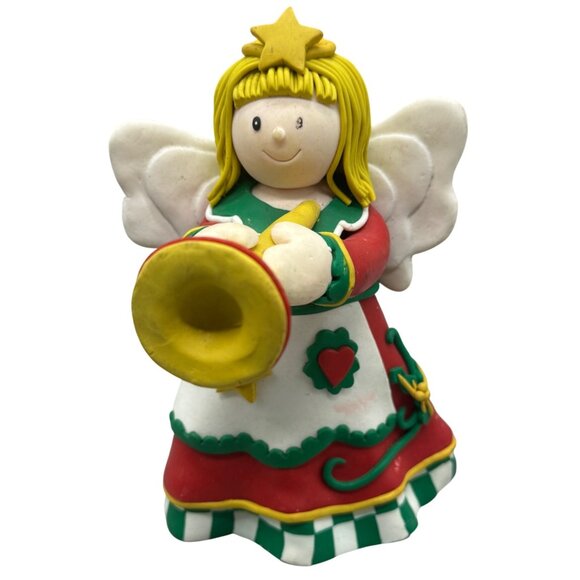 Handcrafted Christmas Clay Angel Figurine With Trumpet - Red/Green Holiday READ - Picture 1 of 9